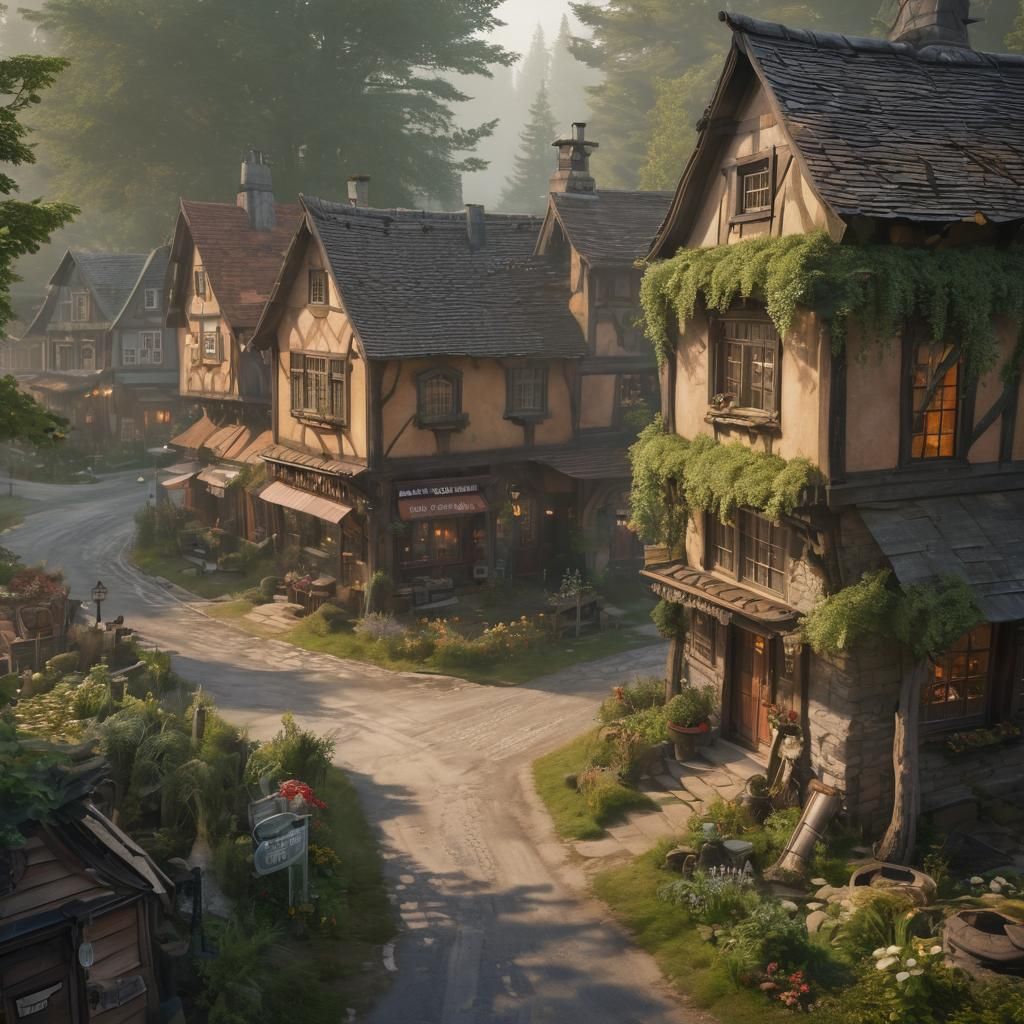 Fantasy Town of Eldergrove in Soft Morning Light
