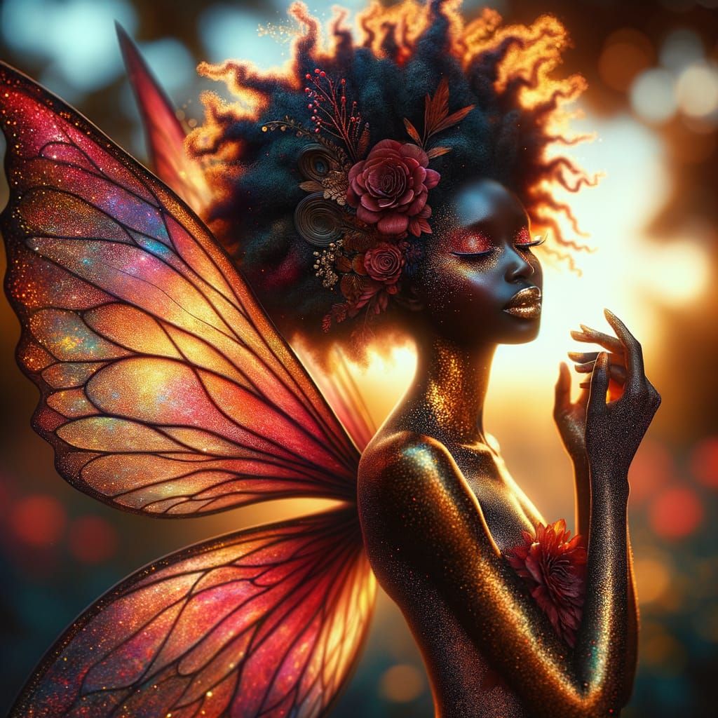 Radiant African Fairy with Crimson Wings