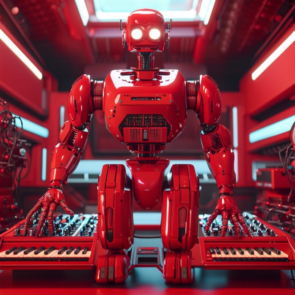 Vintage Robot Making Music in Futuristic Sci-Fi Room