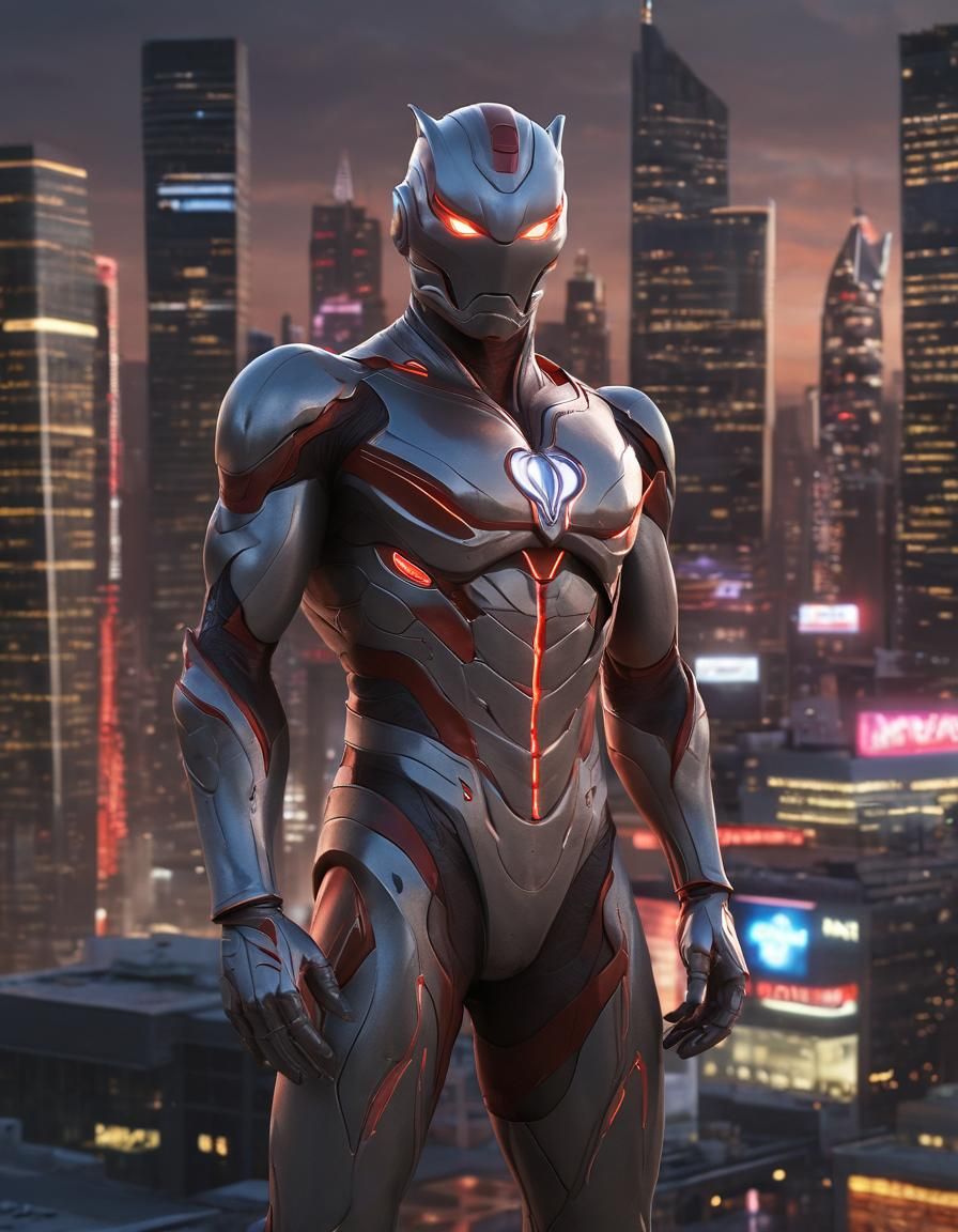 Ultraman Heroic Cityscape in Comic Book Art Style