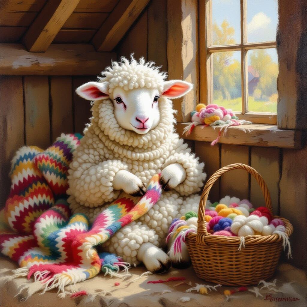 Cute Sheep Knitting a Sweater in Impressionist Style