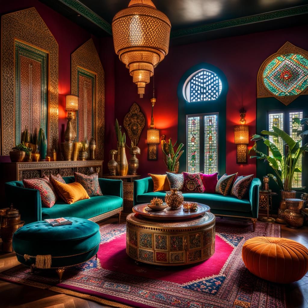 Maximalist Moroccan Living Room with Rich Details