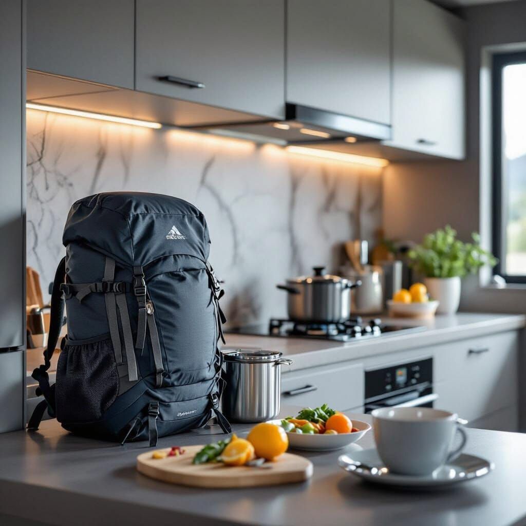Hyperrealistic Backpacker Kitchen with Futuristic Appliances