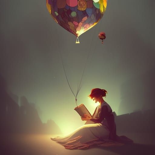 Woman Reading by Book Balloon: Hyperdetailed Art