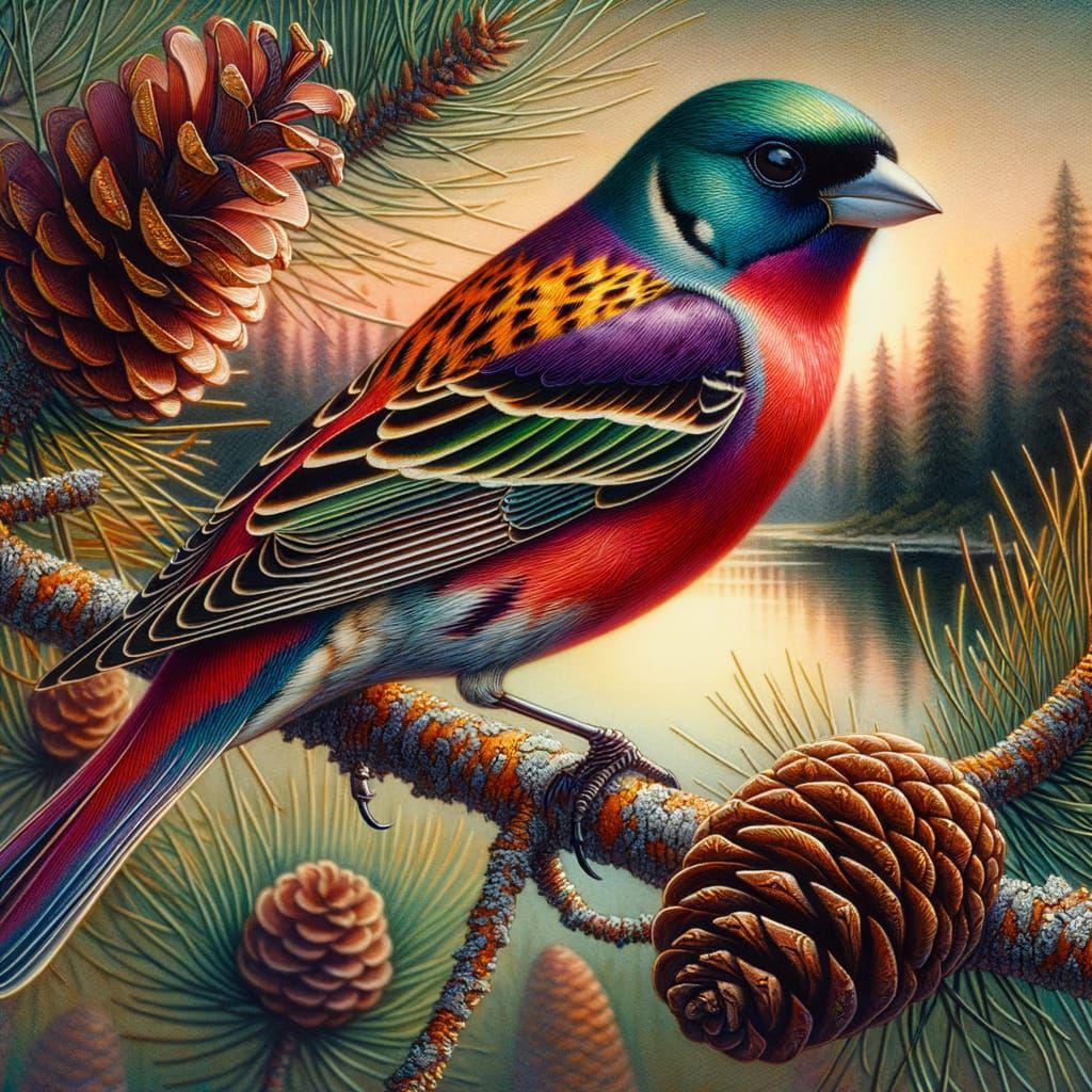 Bunting Bird with Iridescent Plumage in Watercolor Style