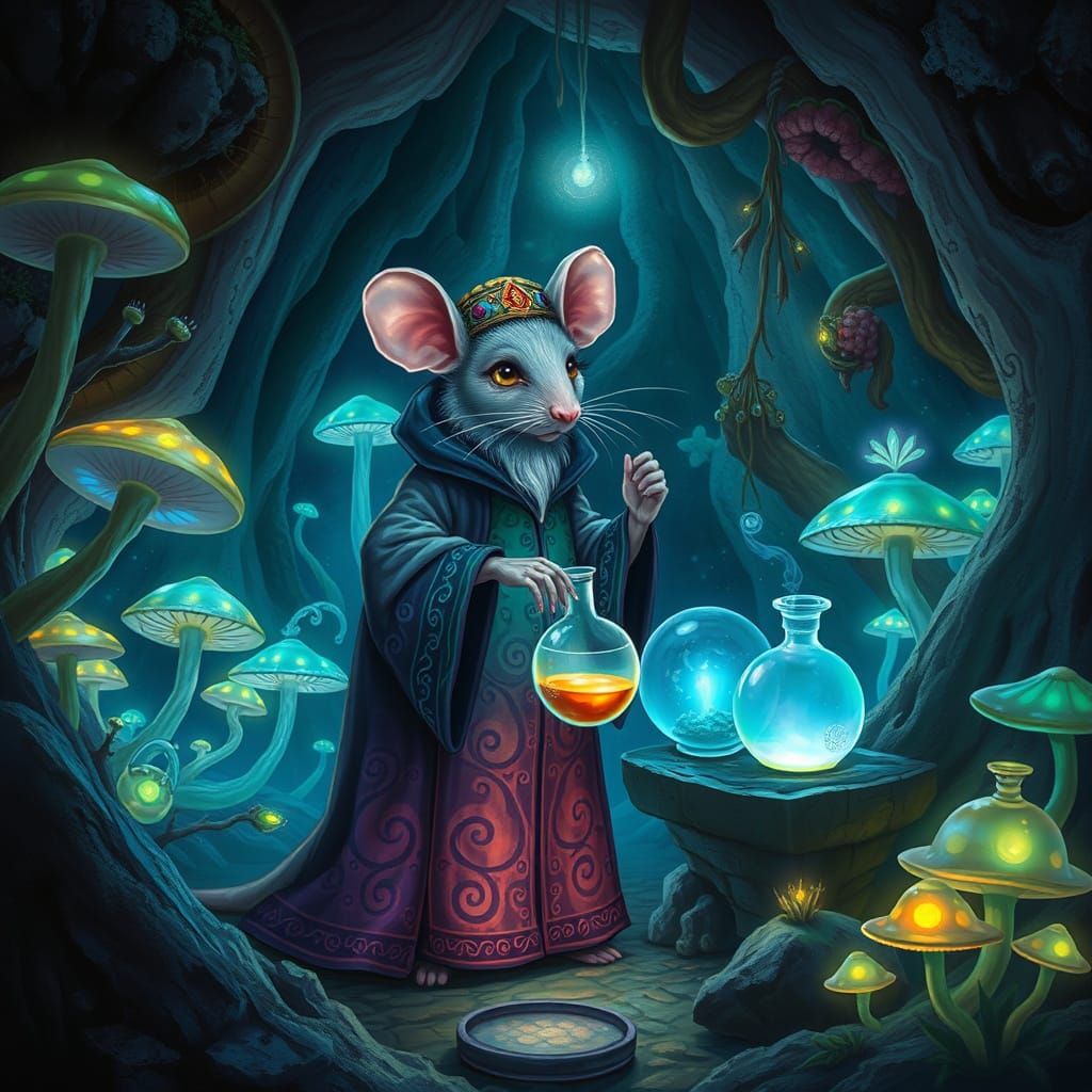 Mystical Mouse Alchemist in a Bioluminescent Cavern