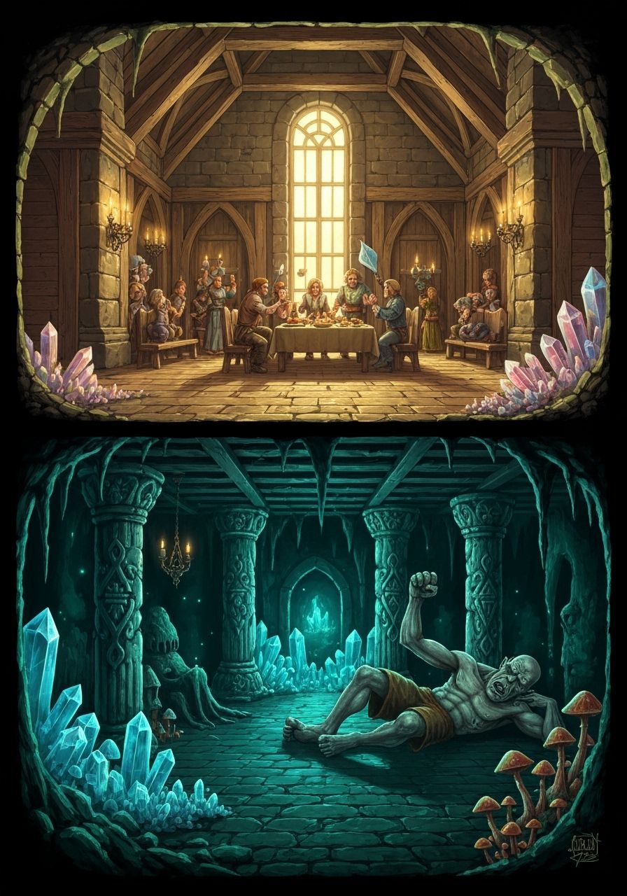 Fantasy Castle Interior with Grendel, Oil Painting Style