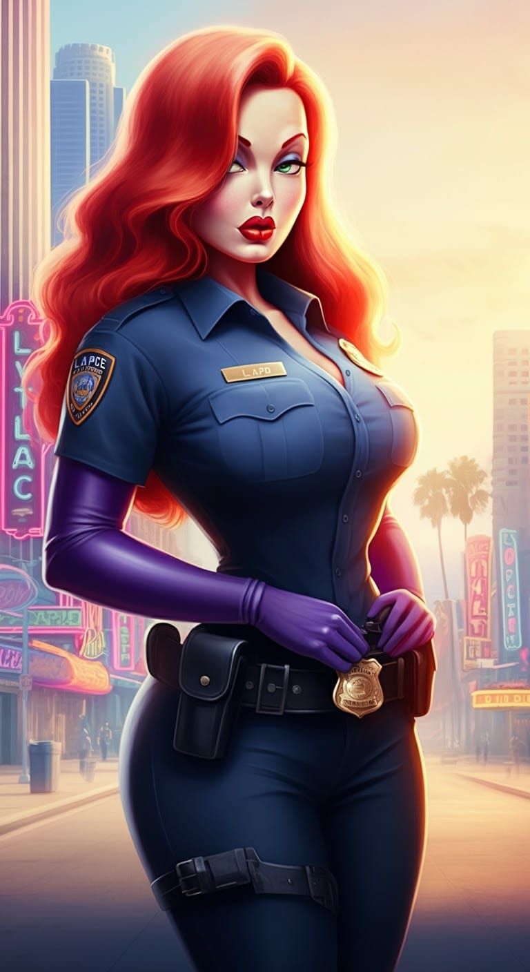 Confident Policewoman in Vibrant Retro-Futuristic Cityscape