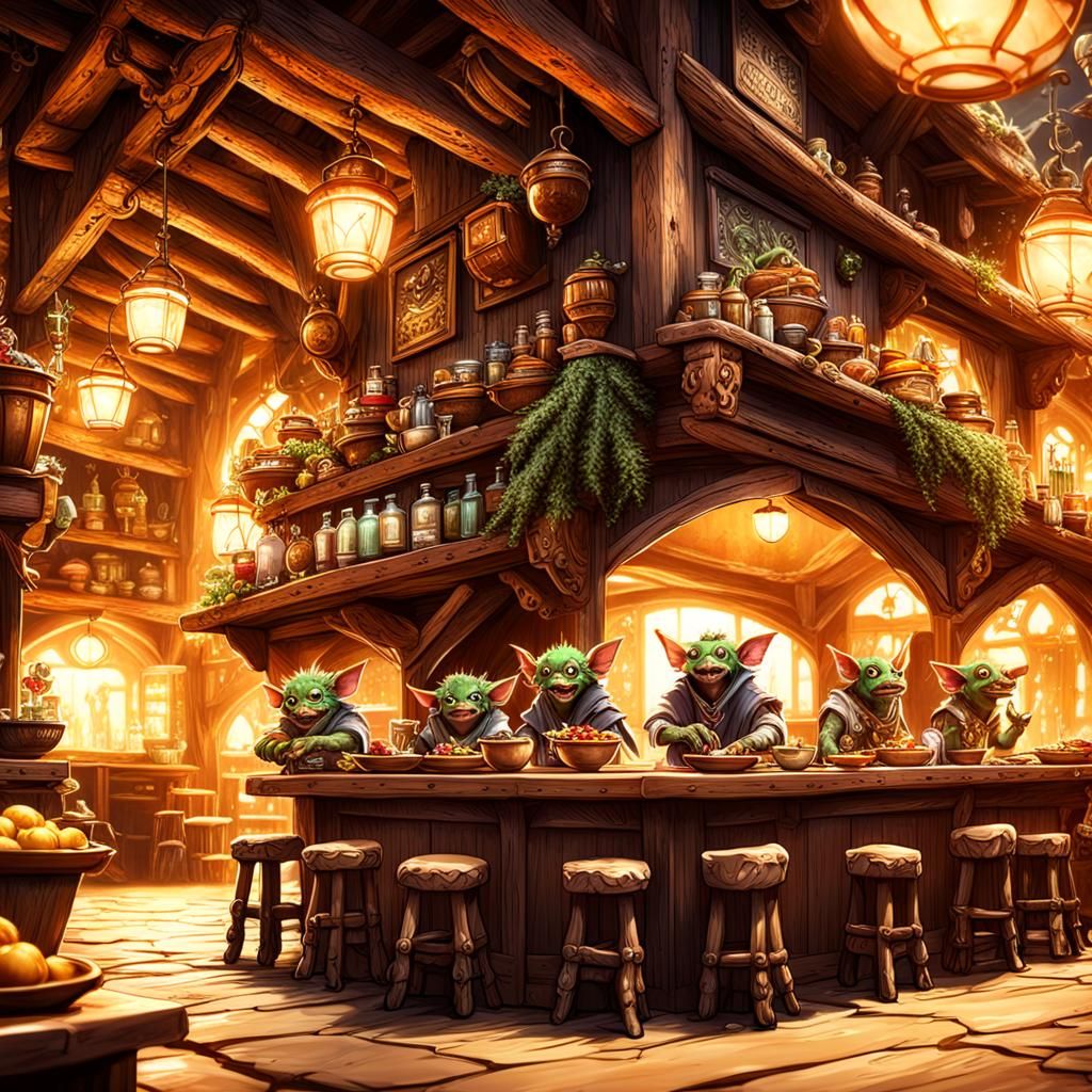 Gremlins Enjoying Food in Fantasy Tavern, Detailed Matte Pai...