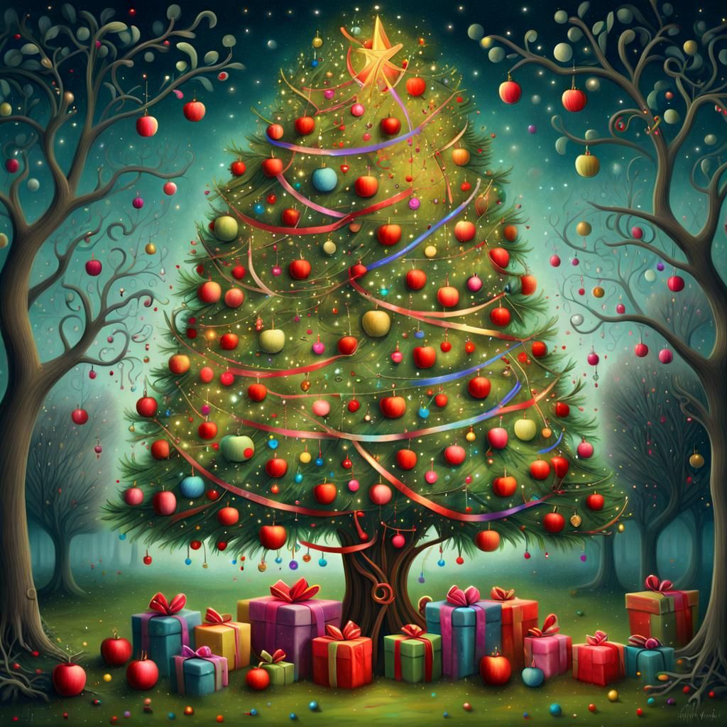 Whimsical Christmas Apple Tree Illustration