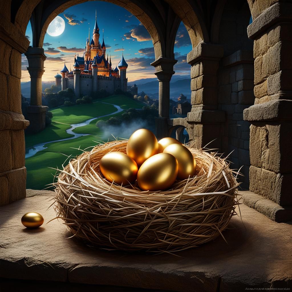 Goose Nesting Golden Eggs in Castle Interior
