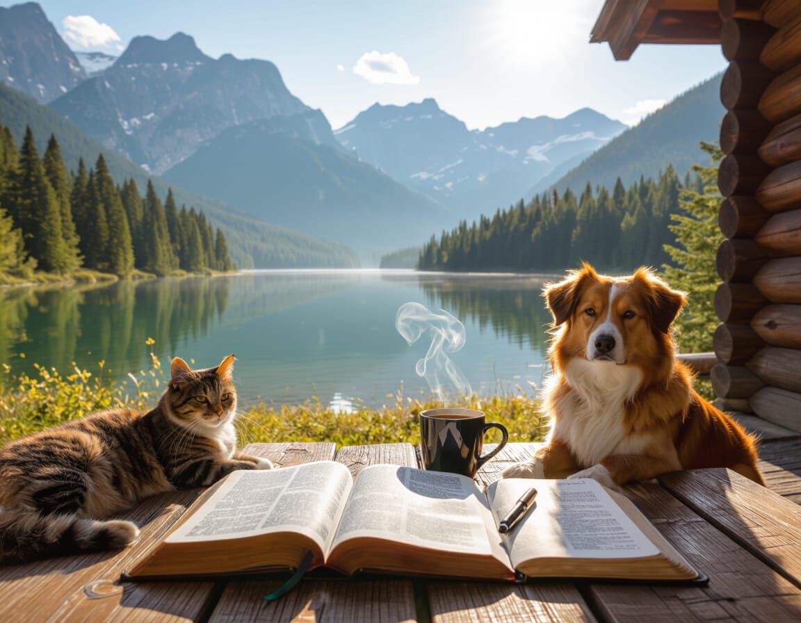Peaceful Cabin Morning with Dog and Cat by Lake