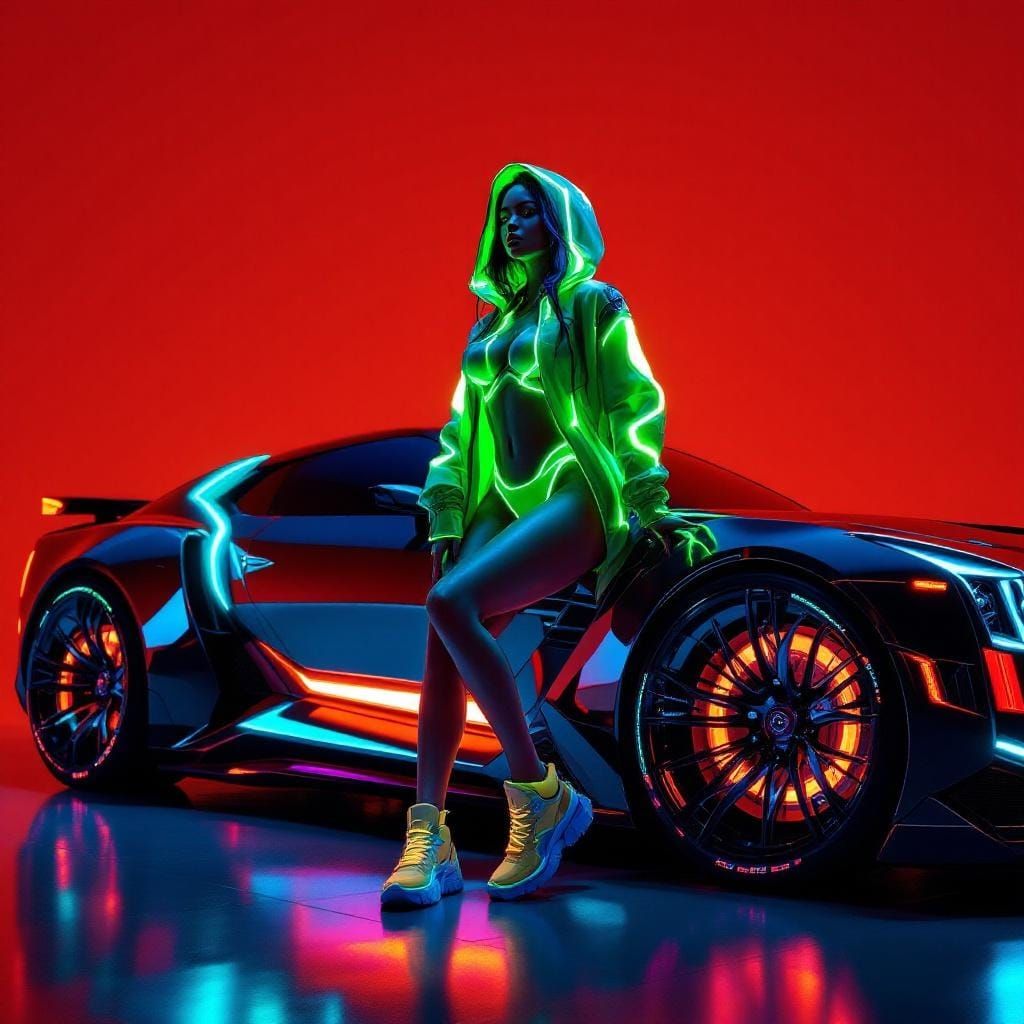 Cyberpunk Woman with Futuristic Car in Neon Style