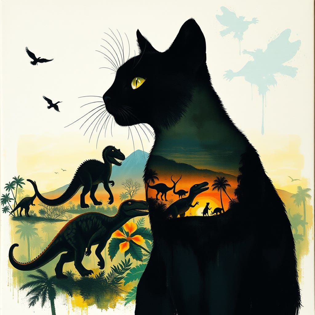 Vibrant Gouache Painting of Cat Silhouette with Cretaceous D...