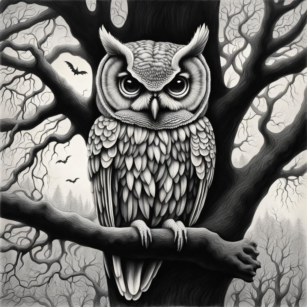 Detailed Pencil Drawing of Owl in Halloween Tree