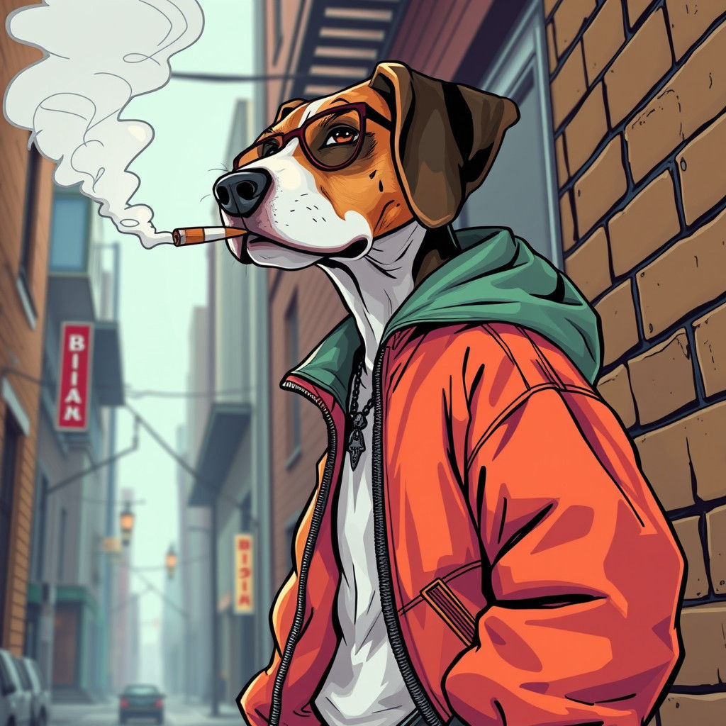 Stylish Beagle Smoking in Urban Alleyway
