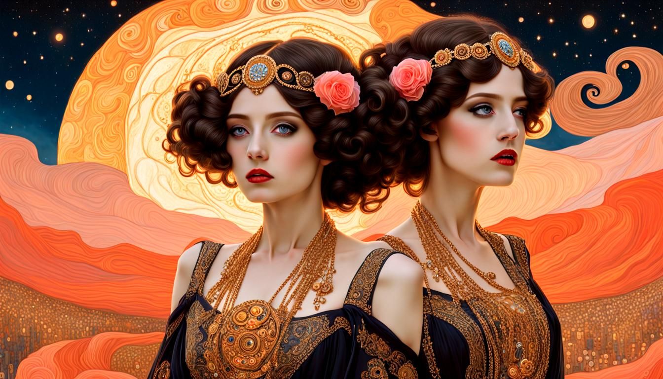 Twins Under Coral Moon, Klimt-Inspired Art Nouveau