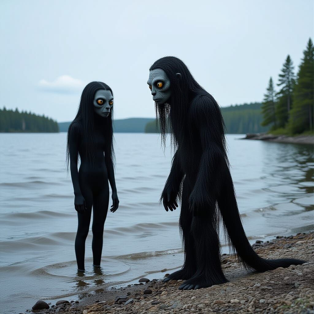 Black-Haired Humanoid Creature on Canadian Lake Shore