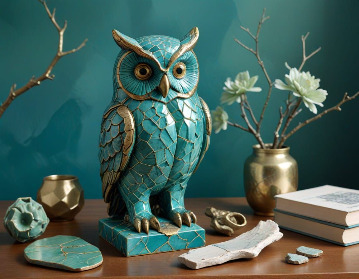 Kintsugi Owl Statue in Turquoise and Teal