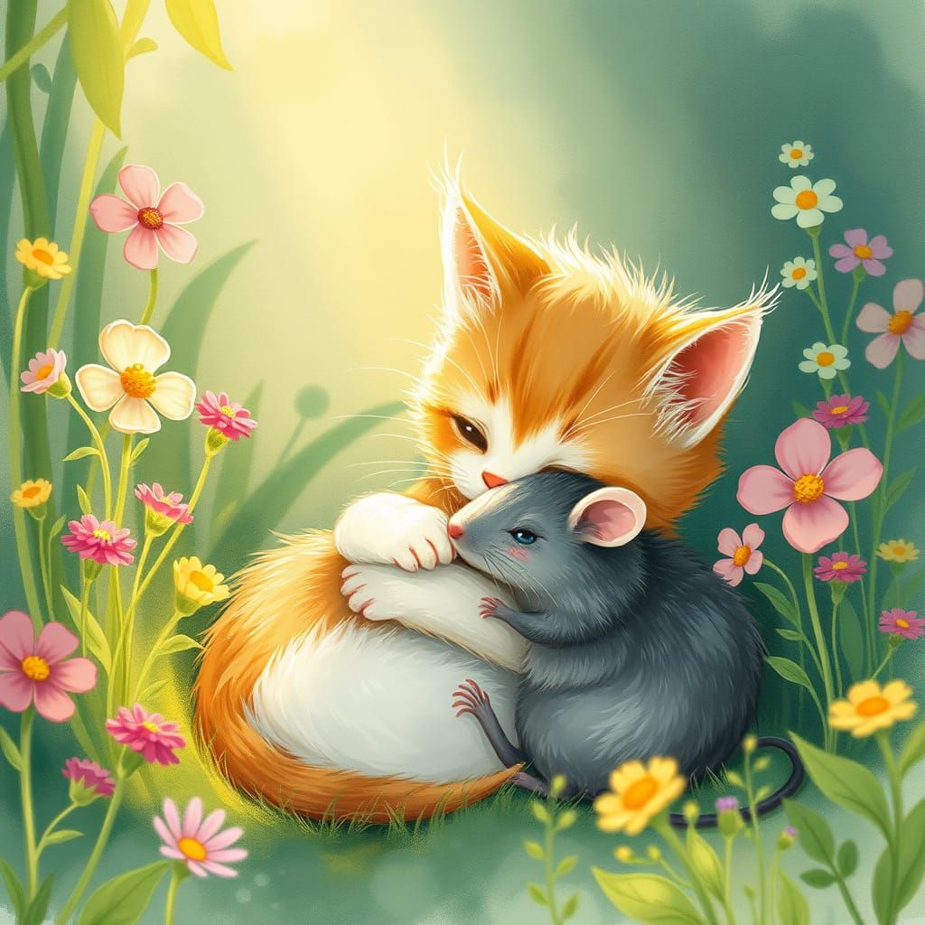 Whimsical Kitten and Rat Cuddle Scene in Storybook Style