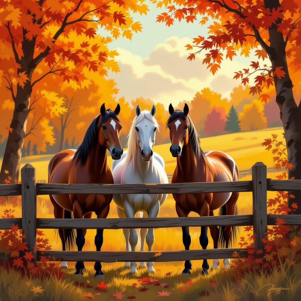 Horses in Autumn Landscape as Digital Painting