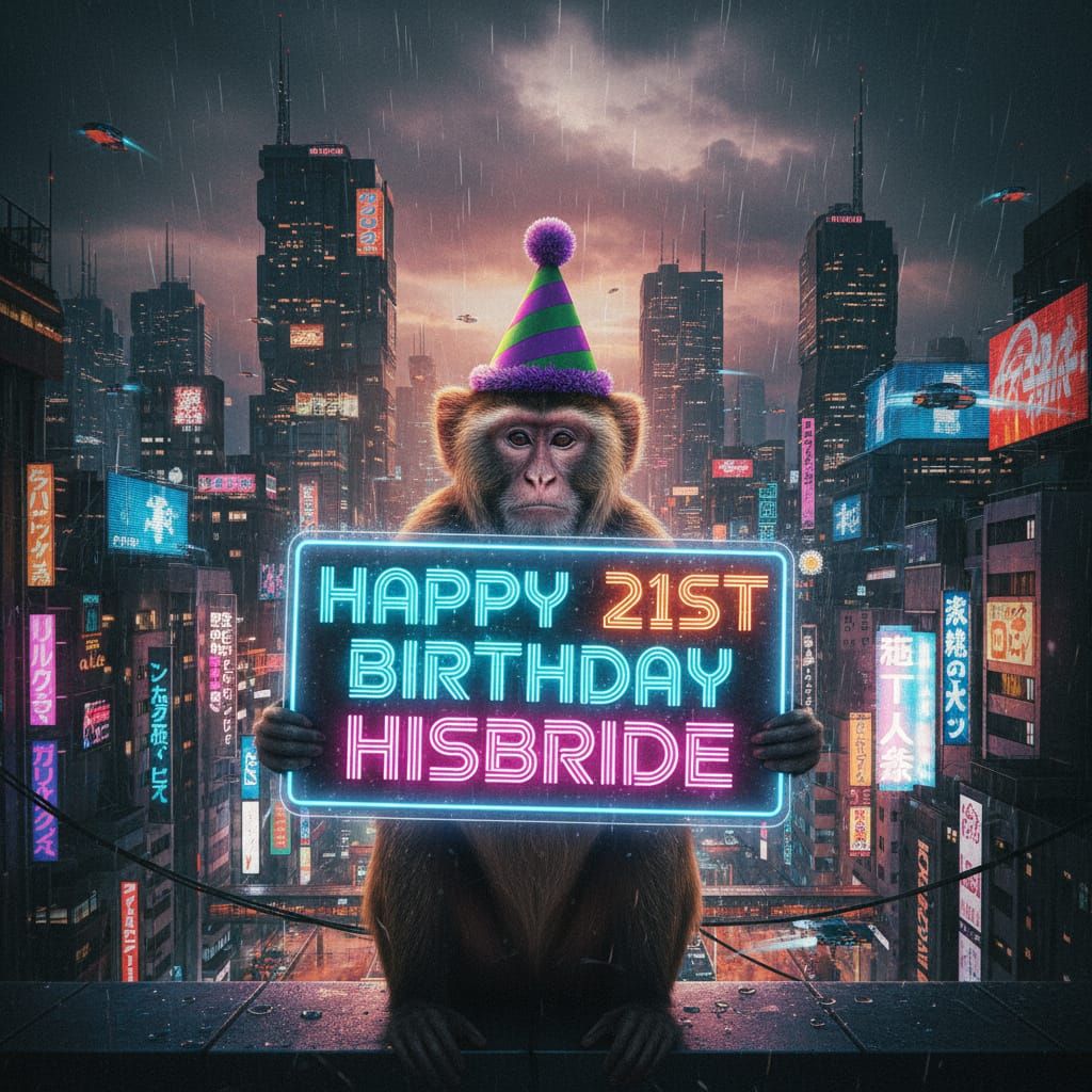 Cyberpunk Monkey Celebrates 21st Birthday in Neon City