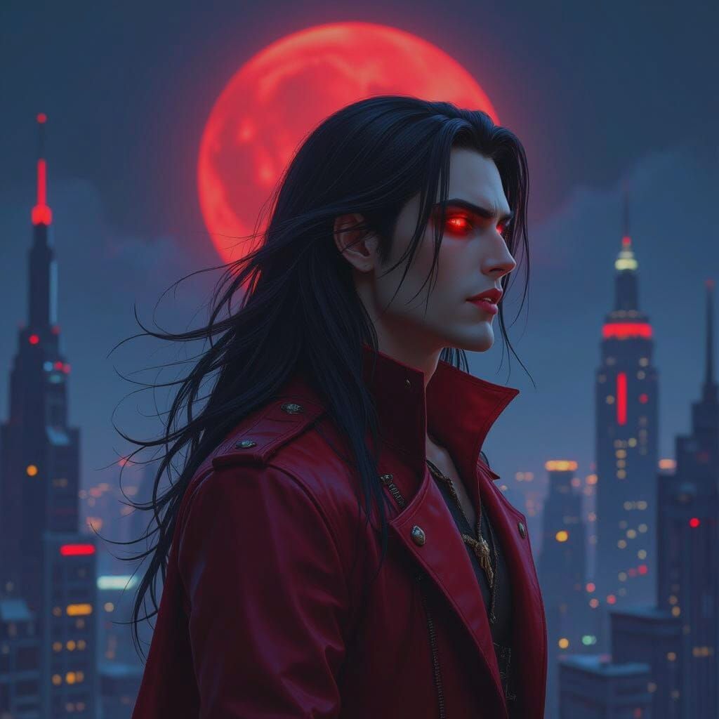 Male Vampire Under Red Moon in Cyberpunk City