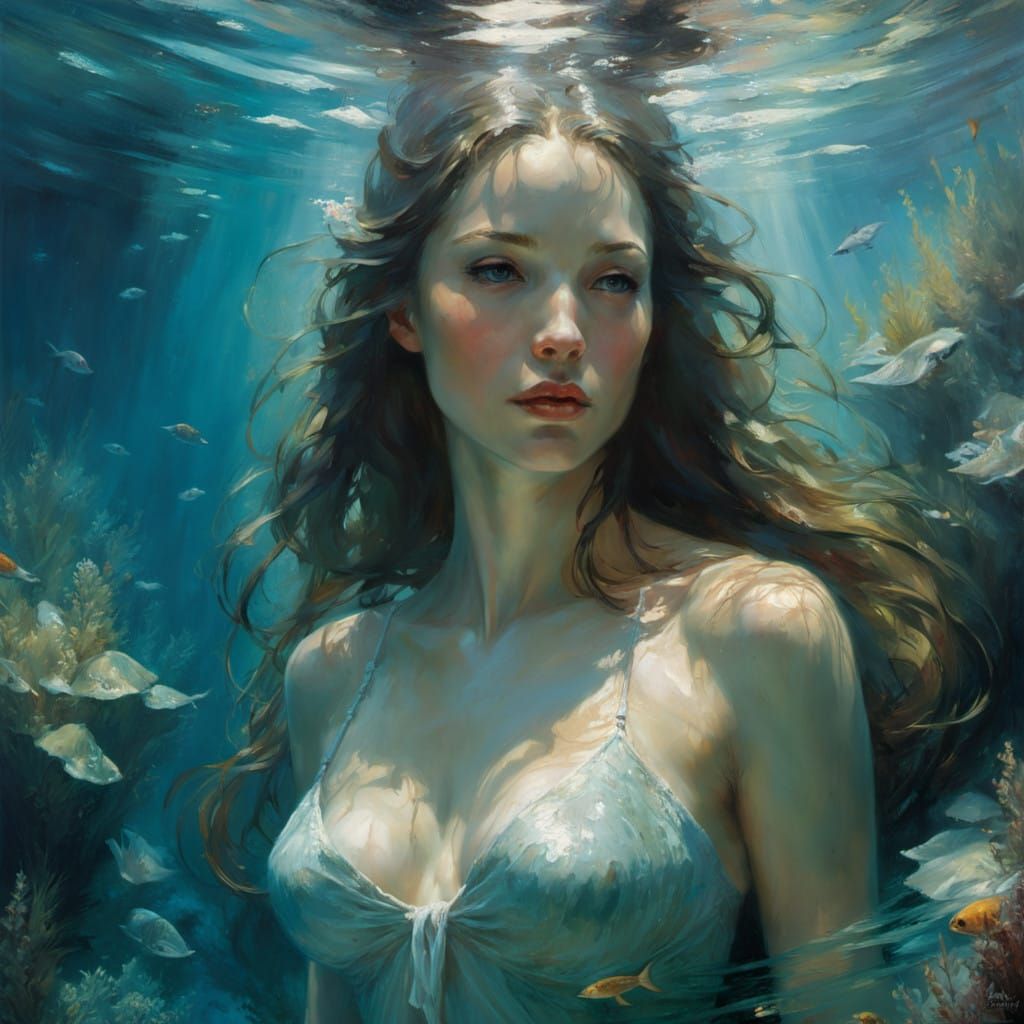 Surreal Selkie in an Underwater Cove with Vibrant Texture