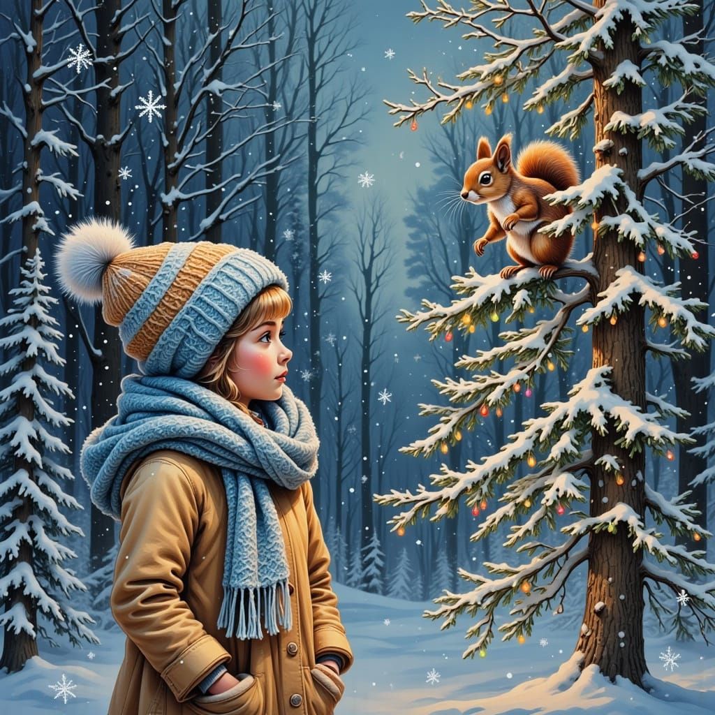 Chalk Art Girl Admires Vibrant Christmas Tree