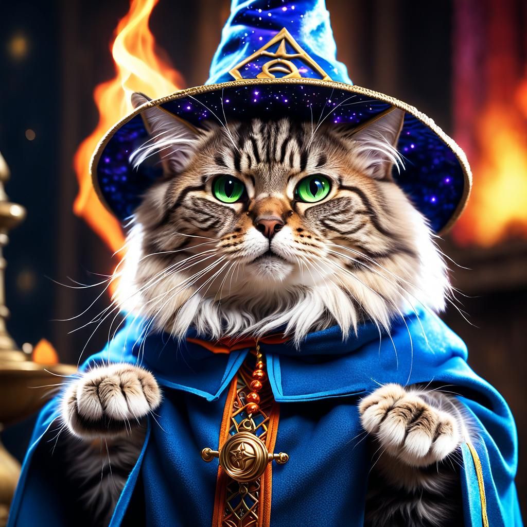 Hyperrealistic Cat Wizard Invoking a Spell