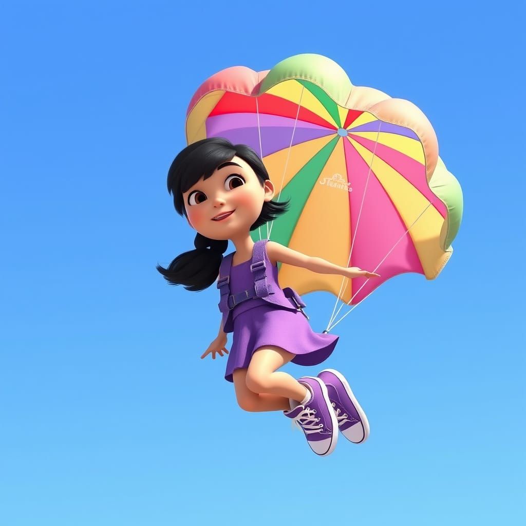 Girl with Colorful Parachute in 3D Cartoon Style