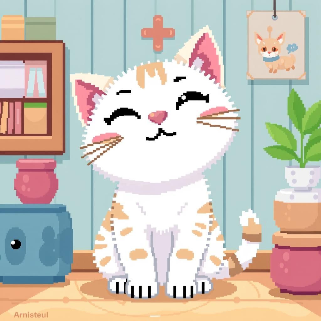 Whimsical Pixel Art: Cute Pastel Cat in Cozy Scene