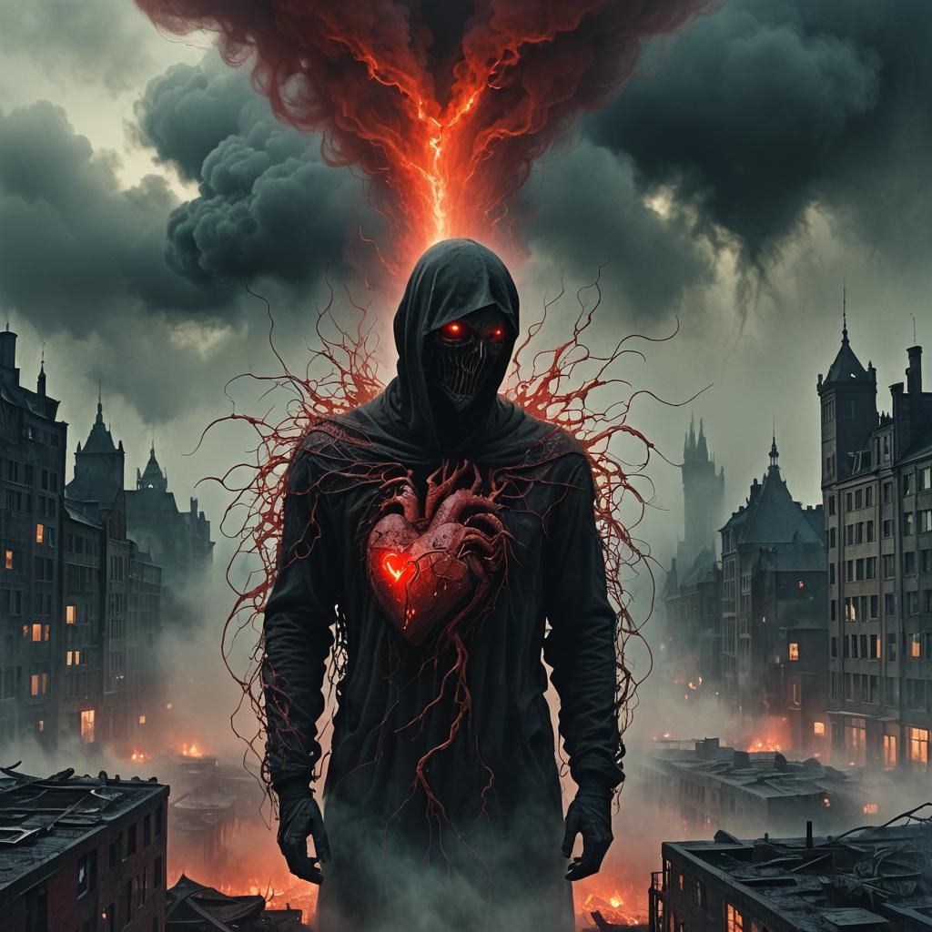 Heart Attack: Dark Surrealism in Dystopian Cityscape