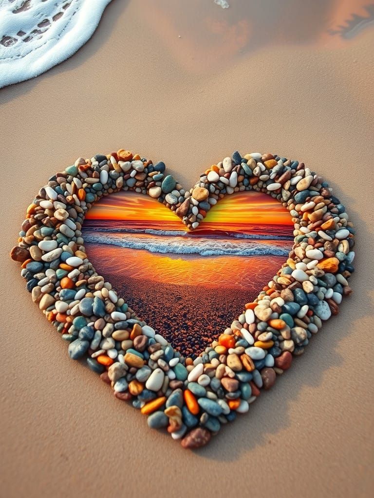 Heart Shaped Beach Scene with Vibrant Sunset
