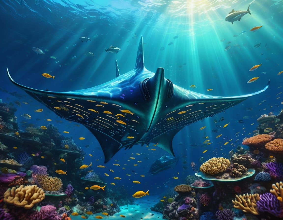 Manta Ray Submarine: Vibrant Oil Painting