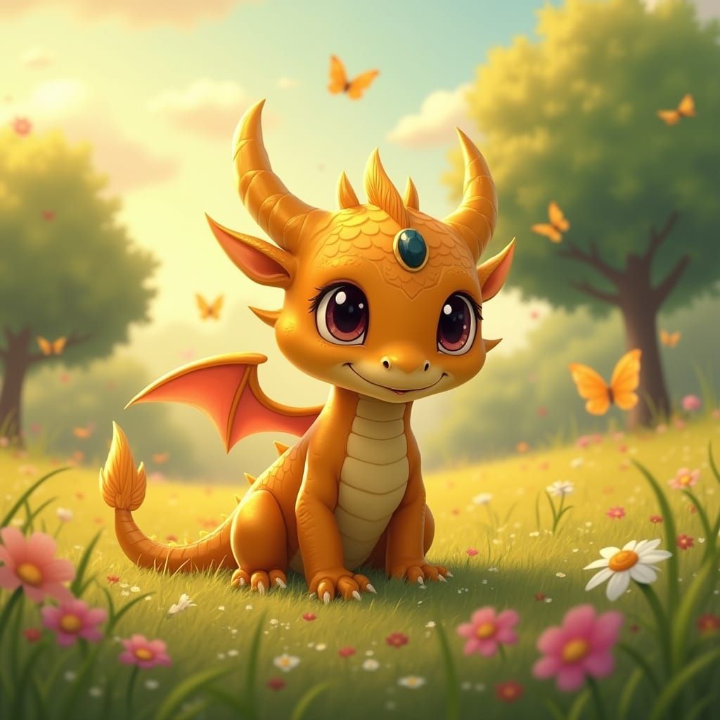 Golden Baby Dragon in Spring Landscape