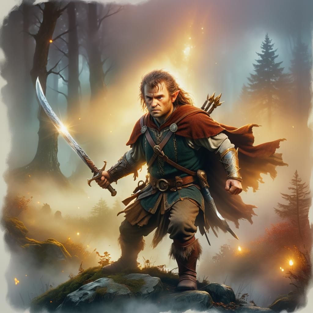 Angry Hobbit Warrior in Misty Forest as Digital Art