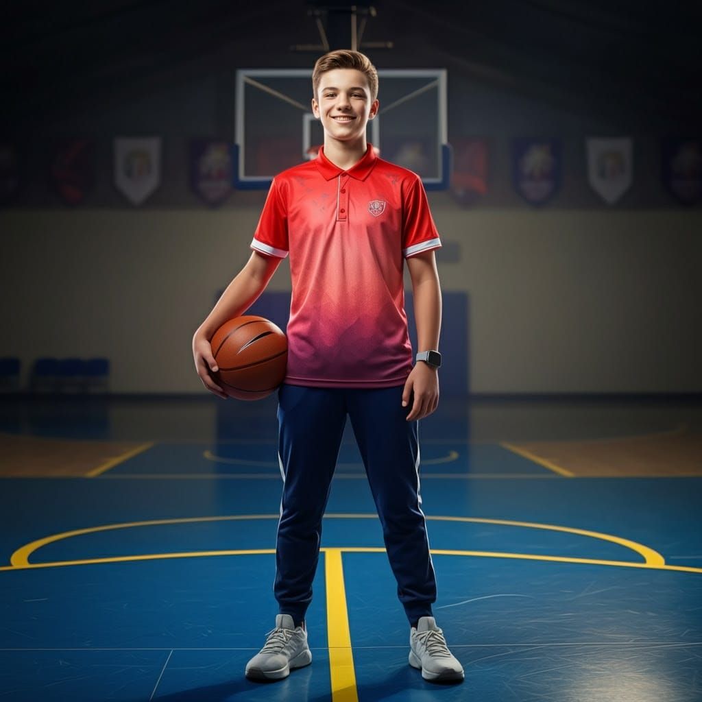 Confident Teenage Basketball Star in Vibrant Red Polo, Stand...