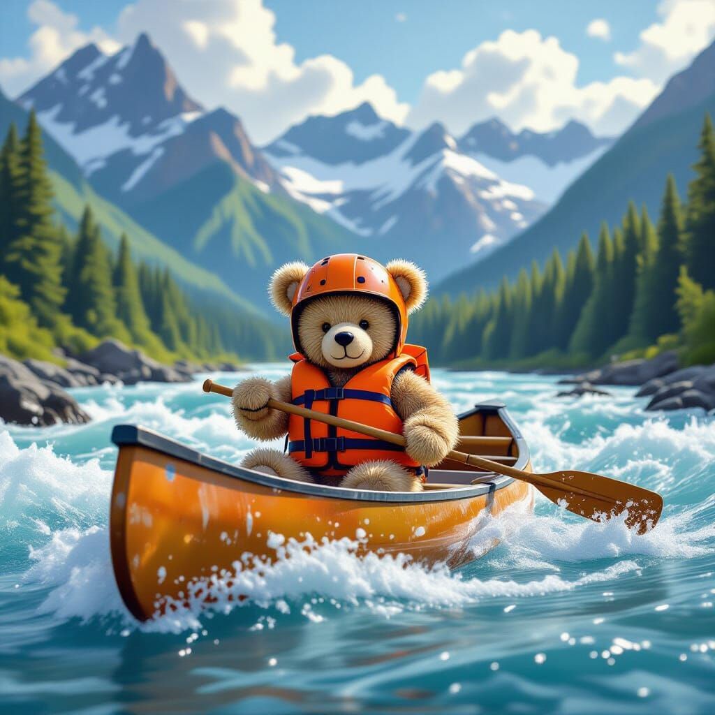 Teddy Bear's Whitewater Canoe Adventure: Hyperrealistic Digi...