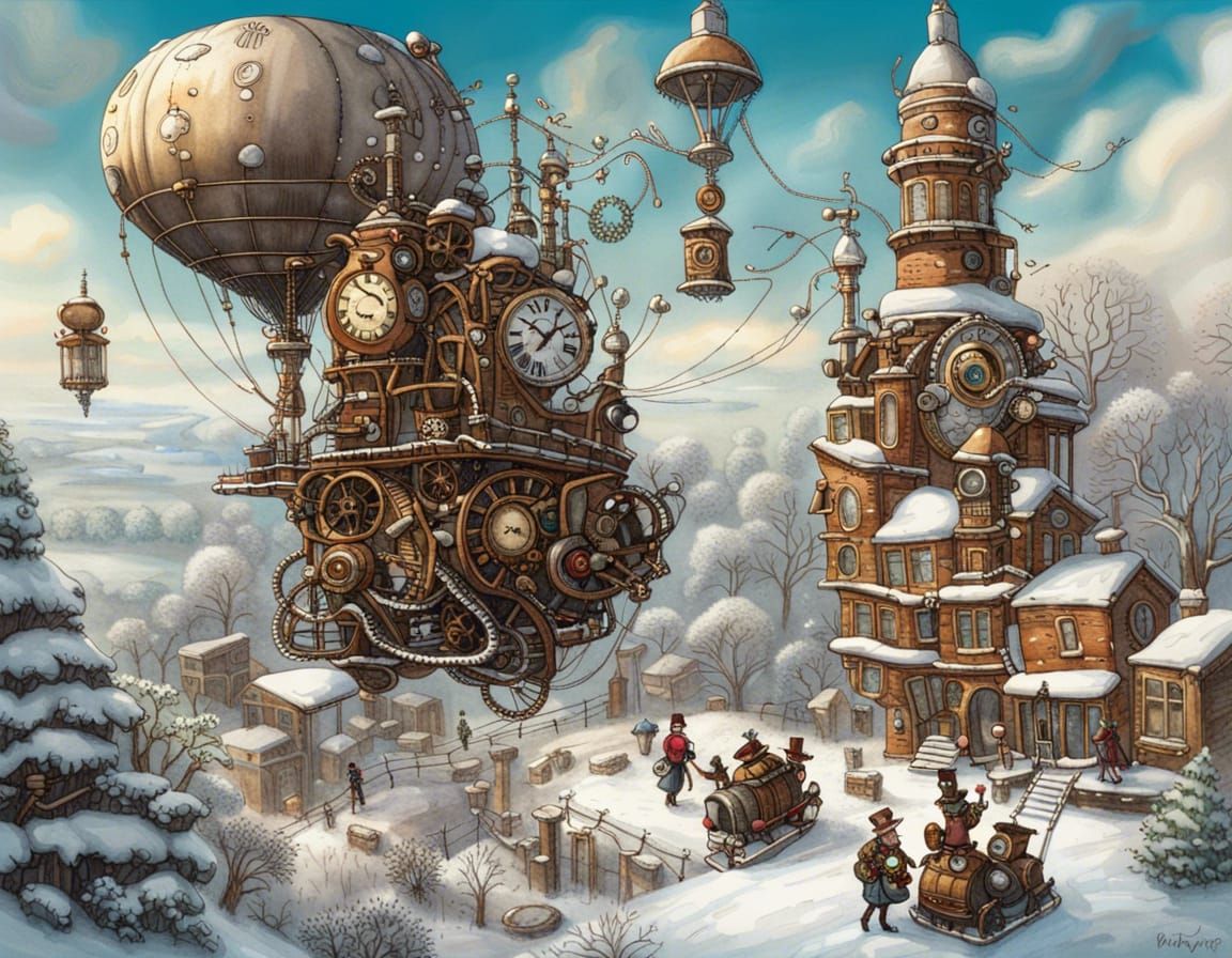 steampunk art, intricate details of steampunk machinery intertwined with the whimsical elements of a winter wonderland, ...