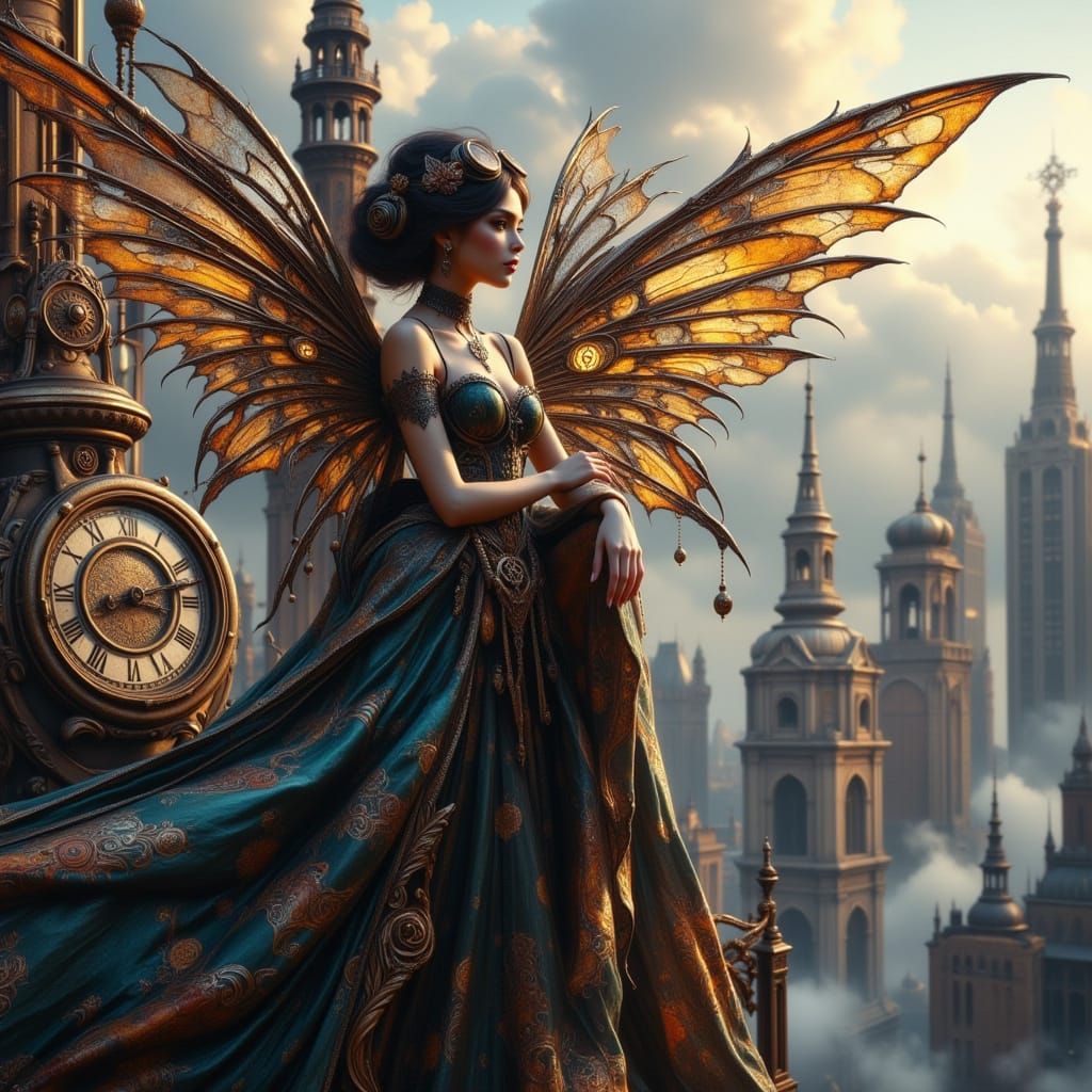 Steampunk Woman with Clockwork Wings on Clock Tower