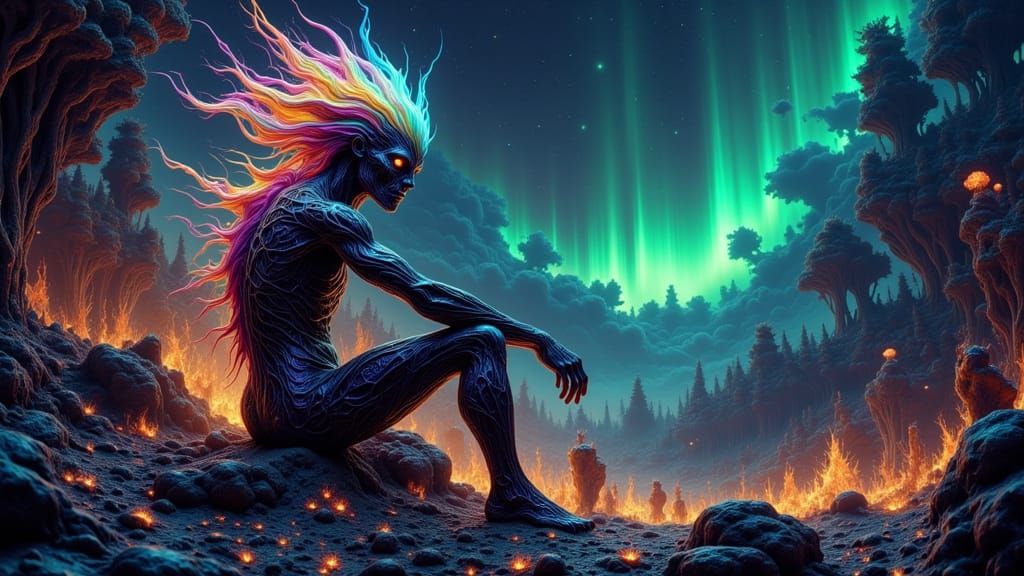 Opalescent Tribal Man in Bioluminescent Alien Landscape