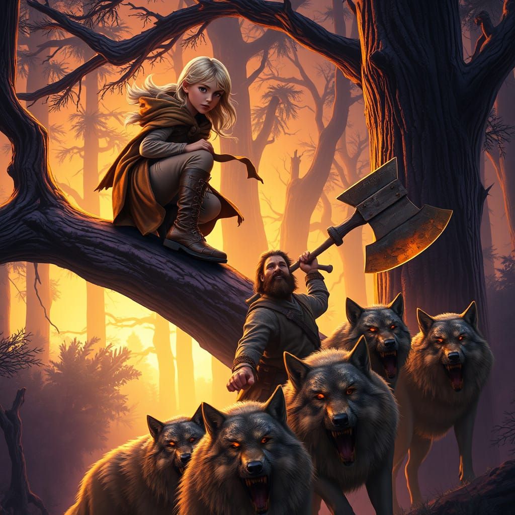 Girl on Tree Branch Faces Lumberjack vs Wolves in Mysterious...