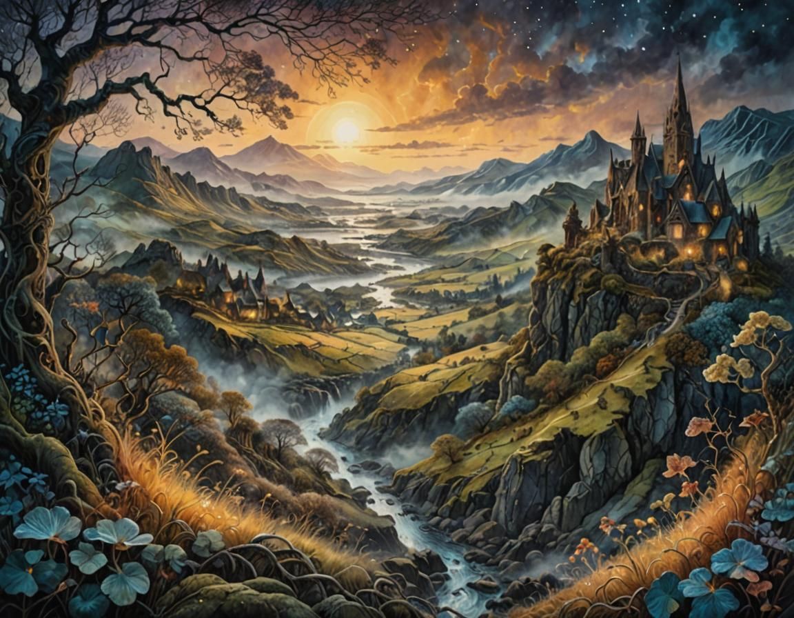 Mystical Irish Landscape in Mixed Media Style