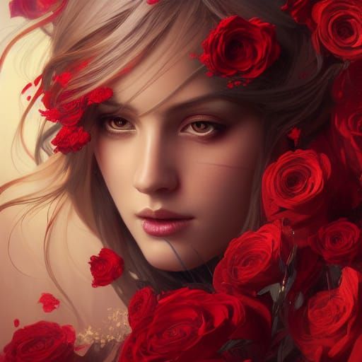 Exotic Angel Portrait with Red Roses in Art Nouveau Style