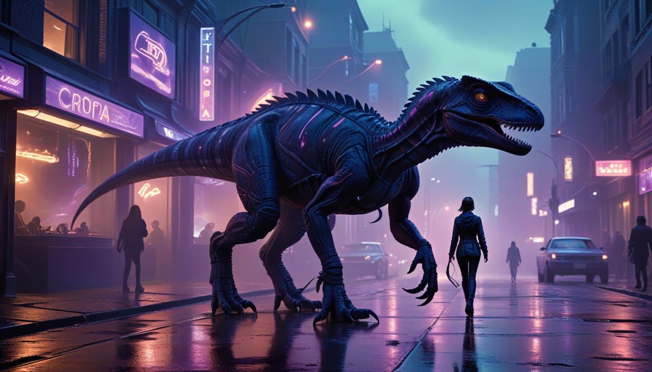 Woman Walks Velociraptor in Futuristic City, Cyberpunk Style