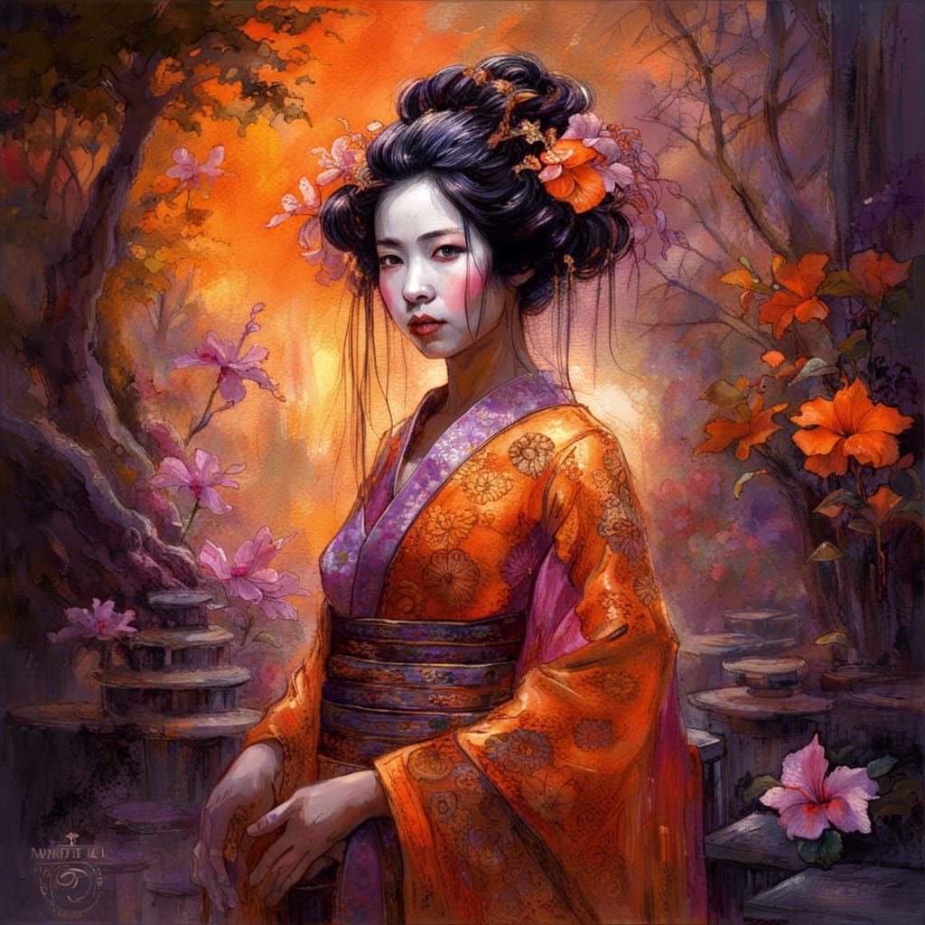 Lace-Adorned Geisha in Hibiscus Pond, Dark Fantasy Art