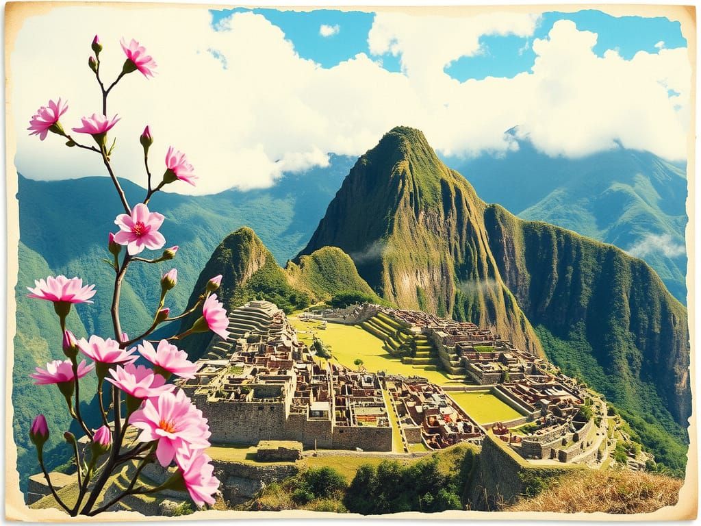 Machu Picchu Blossoms in a Dreamy, Distressed Postcard Art
