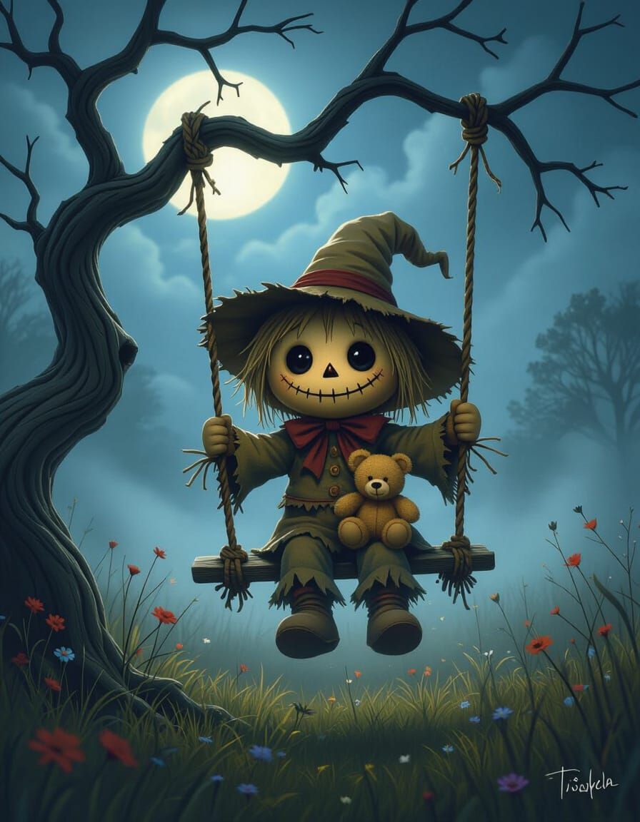 Adorable Scarecrow on Rope Swing in Foggy Meadow Moonlight