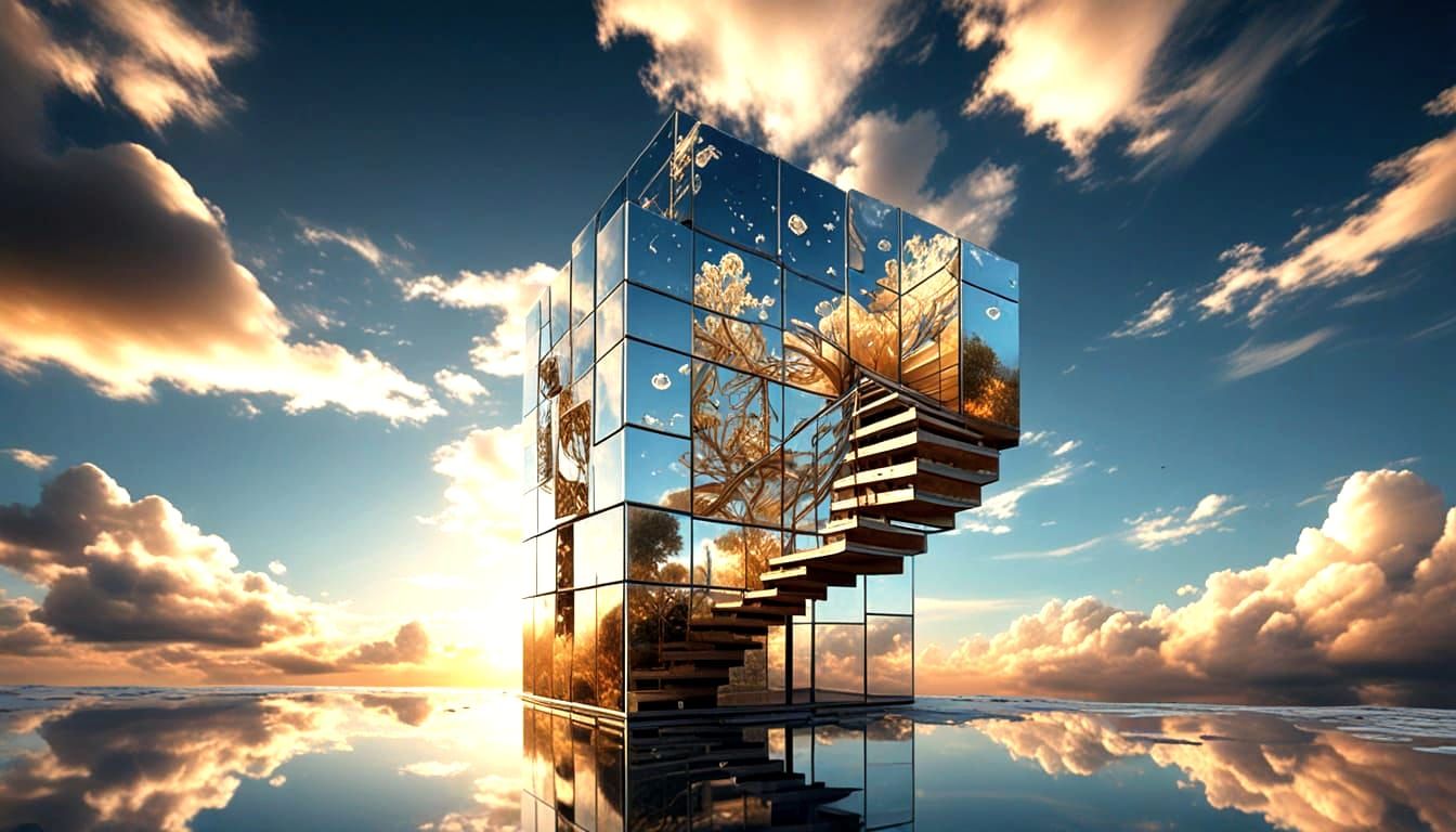 Floating Cube with Fractal Cubes and Spiral Staircase